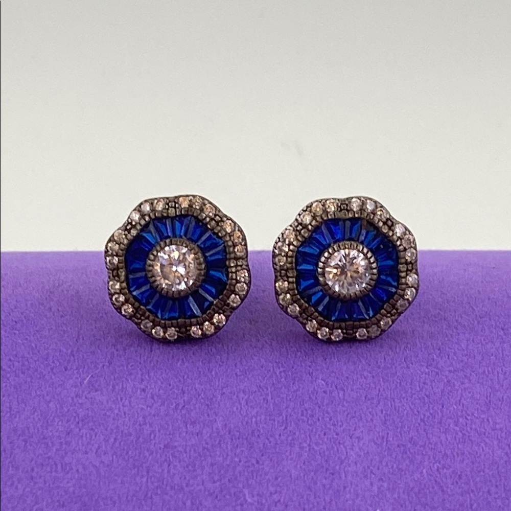 💛 NEW Art Deco 925 Blue & White Crystal Stud Earrings